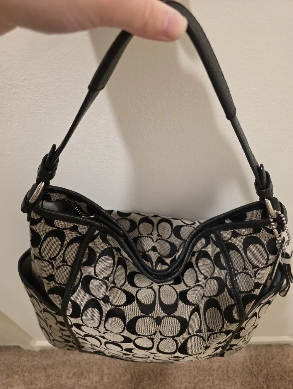 Coach Park Signature Hobo Bag Canvas Monogram With Leather Detailing Black White